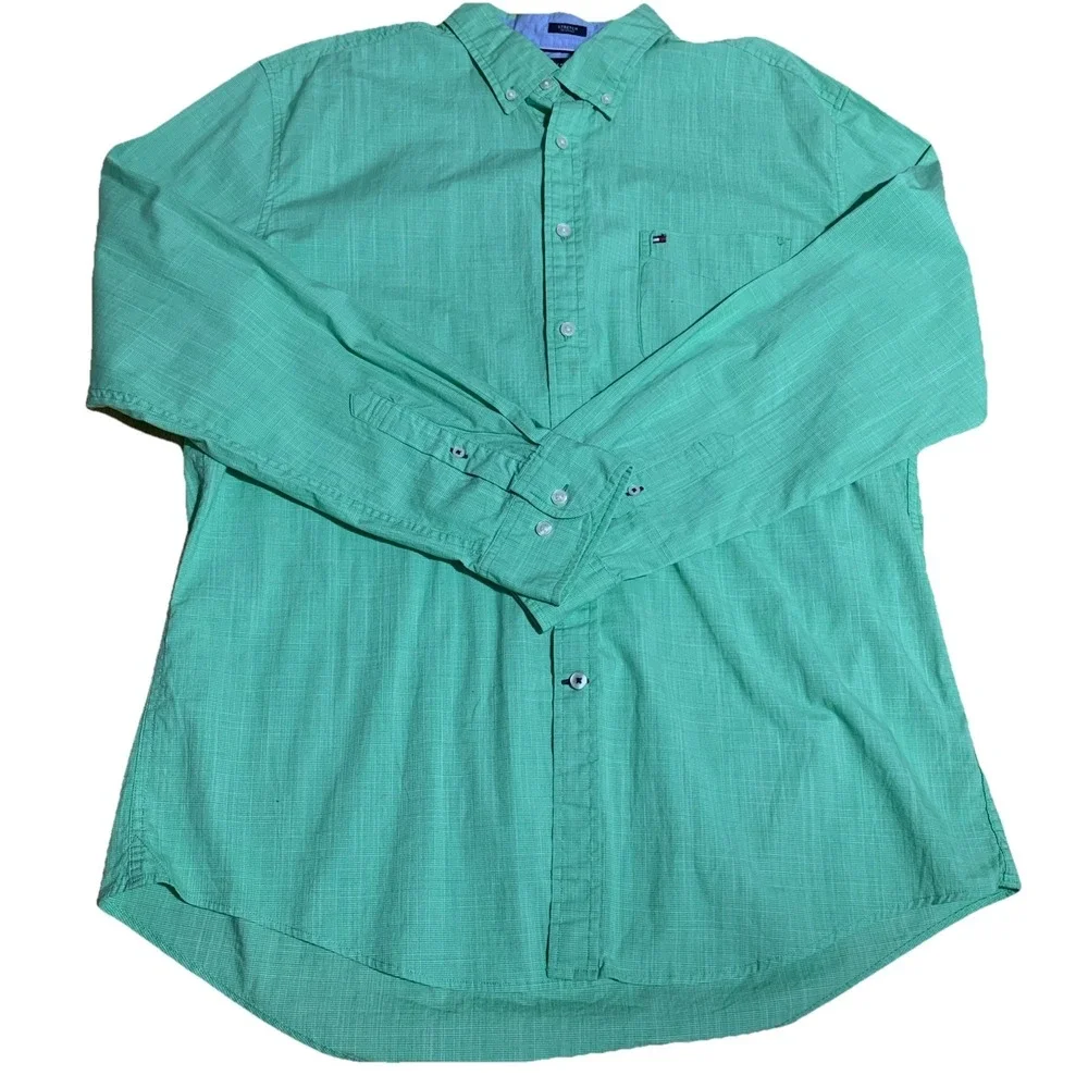 Tommy Hilfiger Stretch Fit‎ Mens XL Green Nailshead L/S Button-Down Shirt Preppy